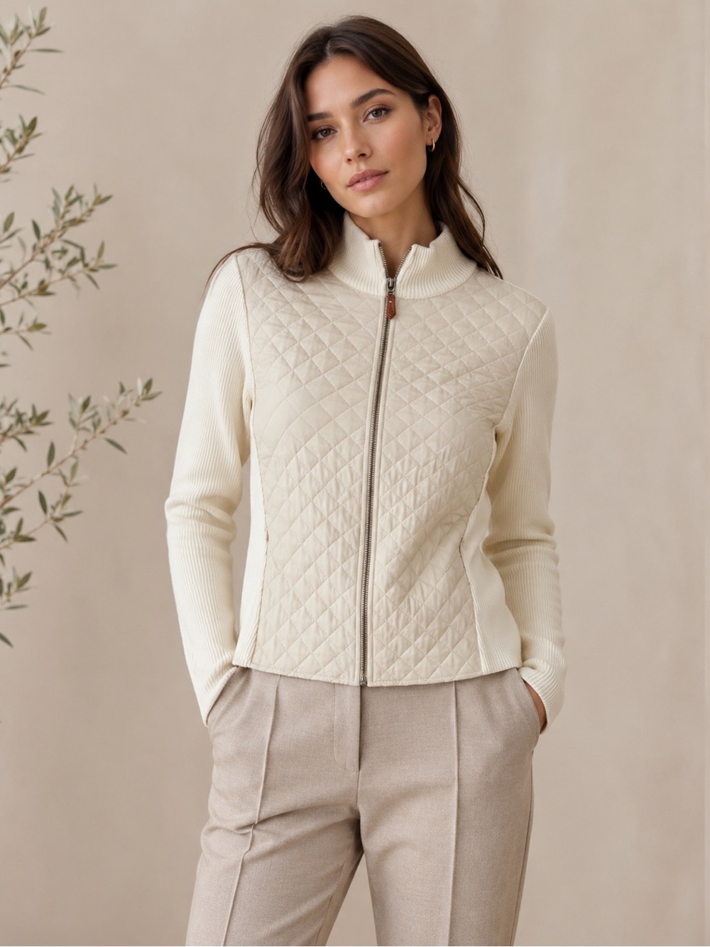 J. McLaughlin Full Zip Quilted Front Cream Sweater Jacket Size S